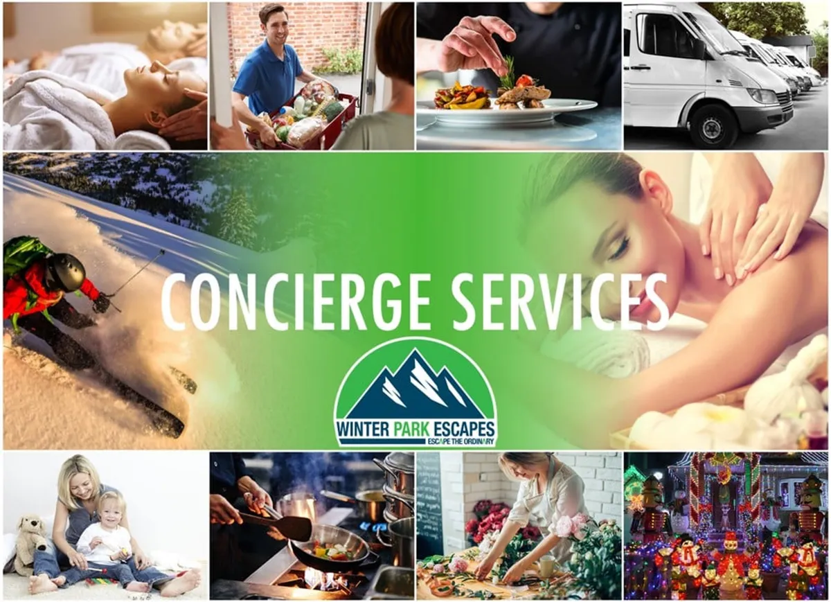 A collage-style interior image showing luxurious spa treatments, gourmet food preparation, family bonding, and hints of skiing and concierge-level service. The scene highlights both relaxation and exclusive in-home experiences.
