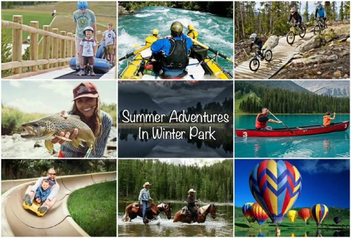 A vibrant summertime landscape filled with families rafting on a river, biking along scenic trails, horseback riding, fishing, and colorful hot air balloons drifting overhead. The scene is dynamic, filled with various warm-weather outdoor activities, and set against a beautiful mountain backdrop.